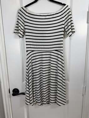White House Black Market Off-The-Shoulder Striped Knit Skater Dress